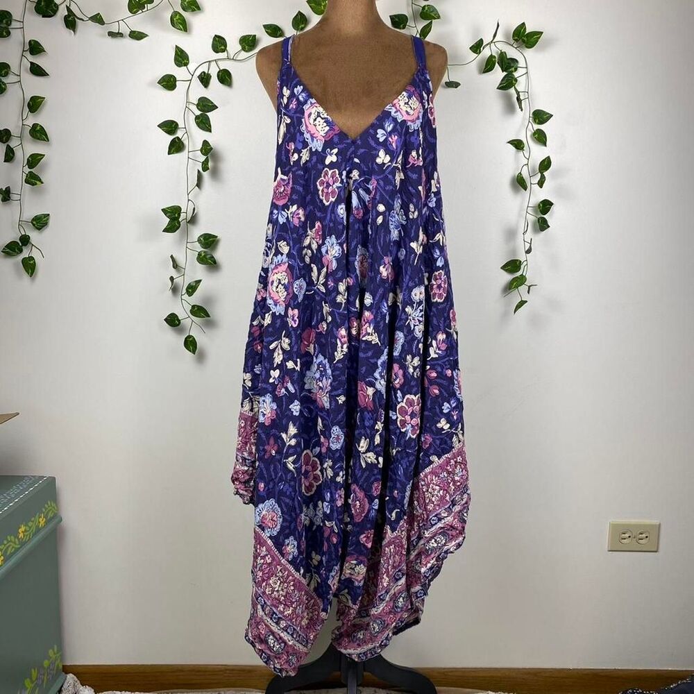 Purple floral gaucho culottes jumpsuit flowers paisley cottage boho fairy